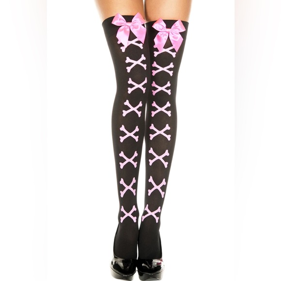 Thigh High black tights with Pink Cross Bones and Pink Bow tops - Picture 1 of 4